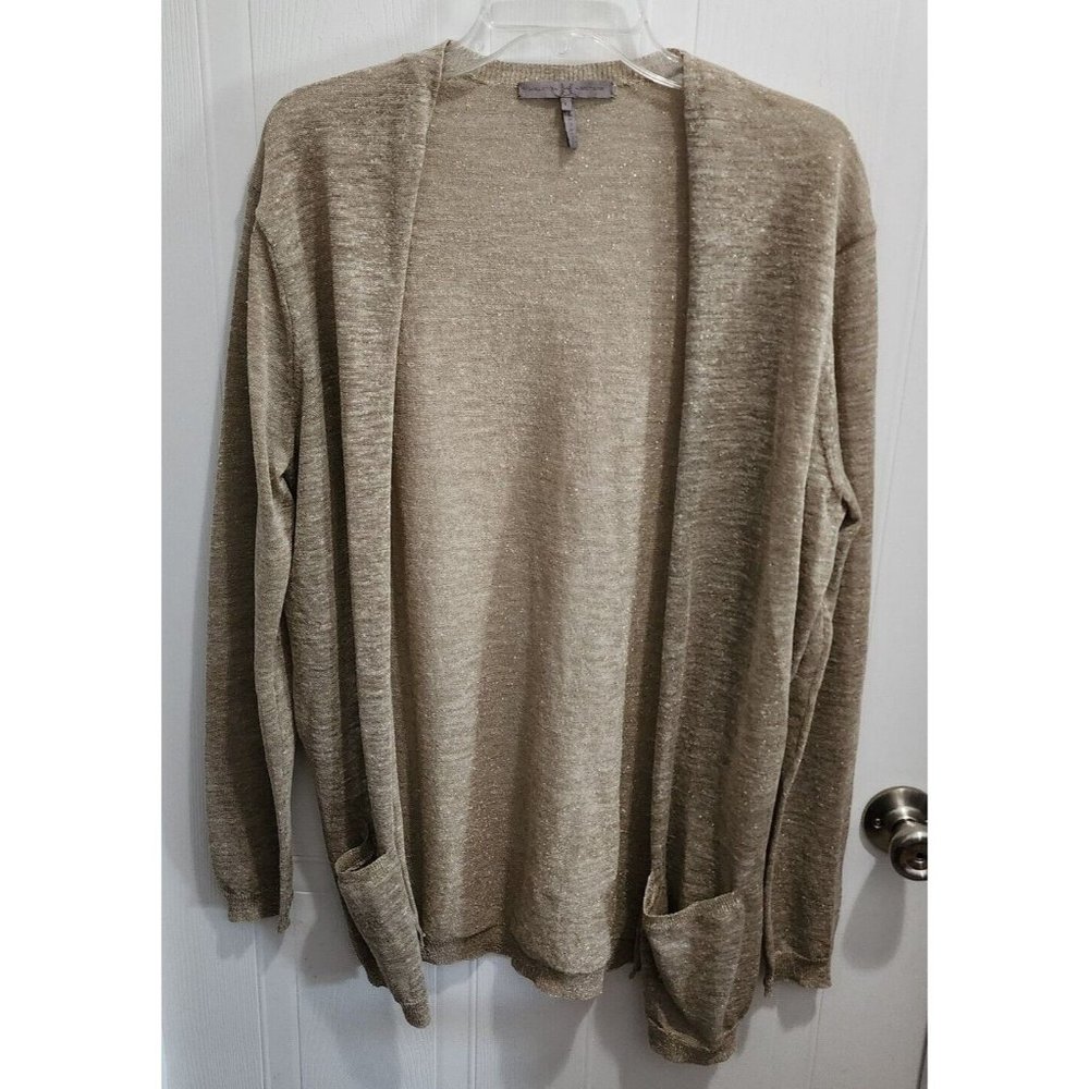 Halston Heritage Long Sleeve Open Front Cardigan Sweater Linen Blend Metallic L